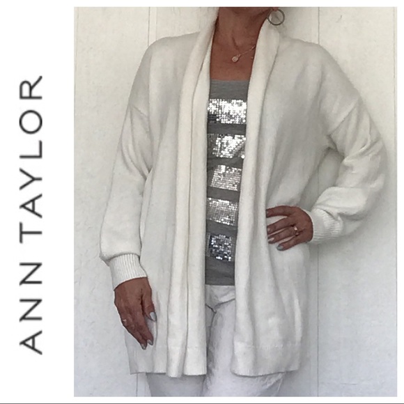 ANN TAYLOR WOOL BLEND WHITE OPEN FRONT CARDIGAN LARGE NWT - Picture 1 of 13